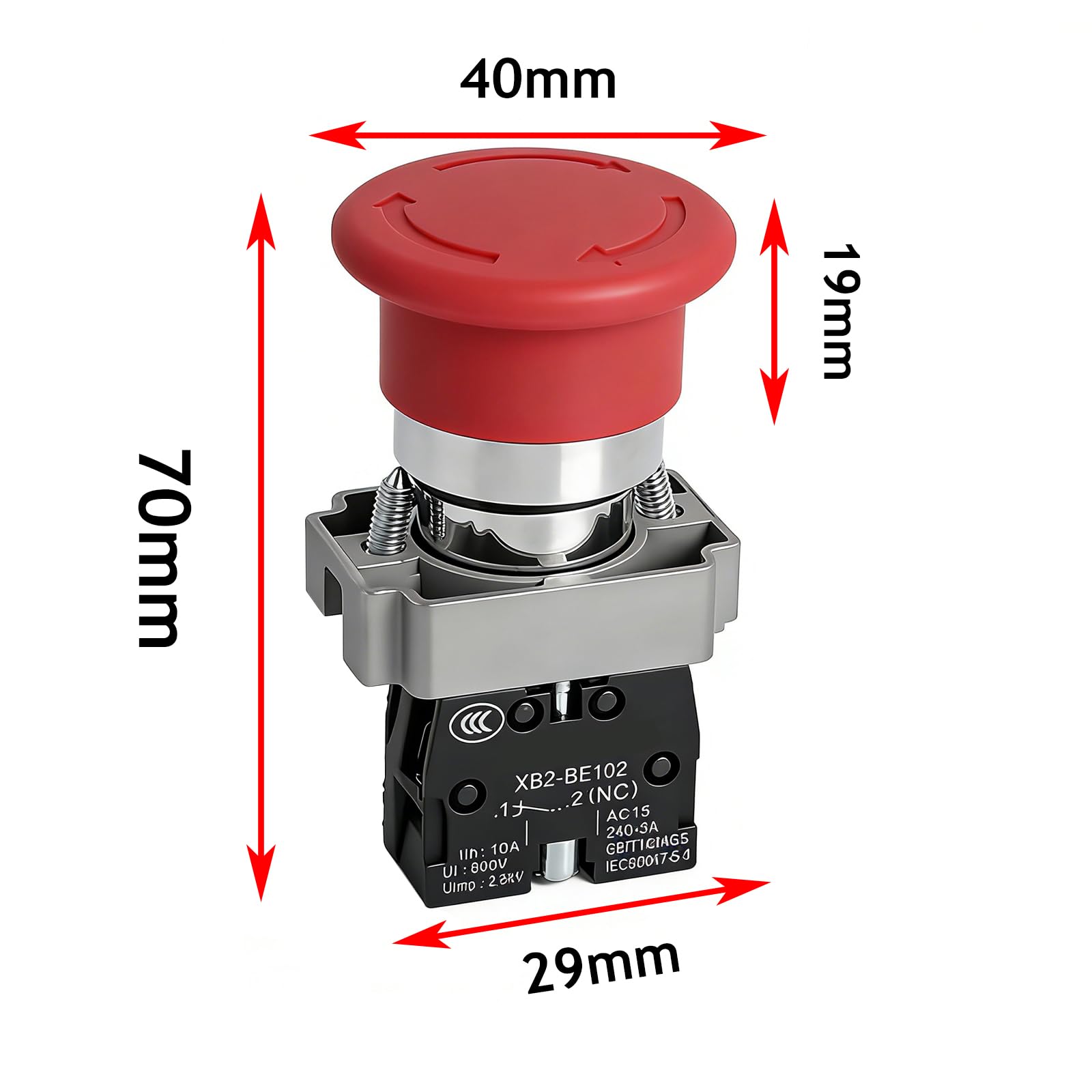 Powice Interruttore di emergenza, rosso, pulsante a fungo, XB2-BE102, contatto NC, 240 V, 2 pezzi