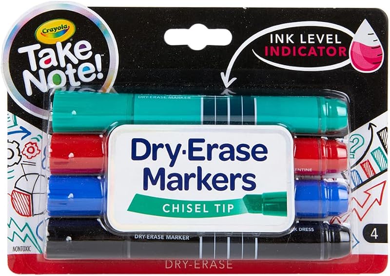 Crayola Take Note Marcadores de borrado en seco 4 unidades, marcadores de pizarra blanca con punta de cincel