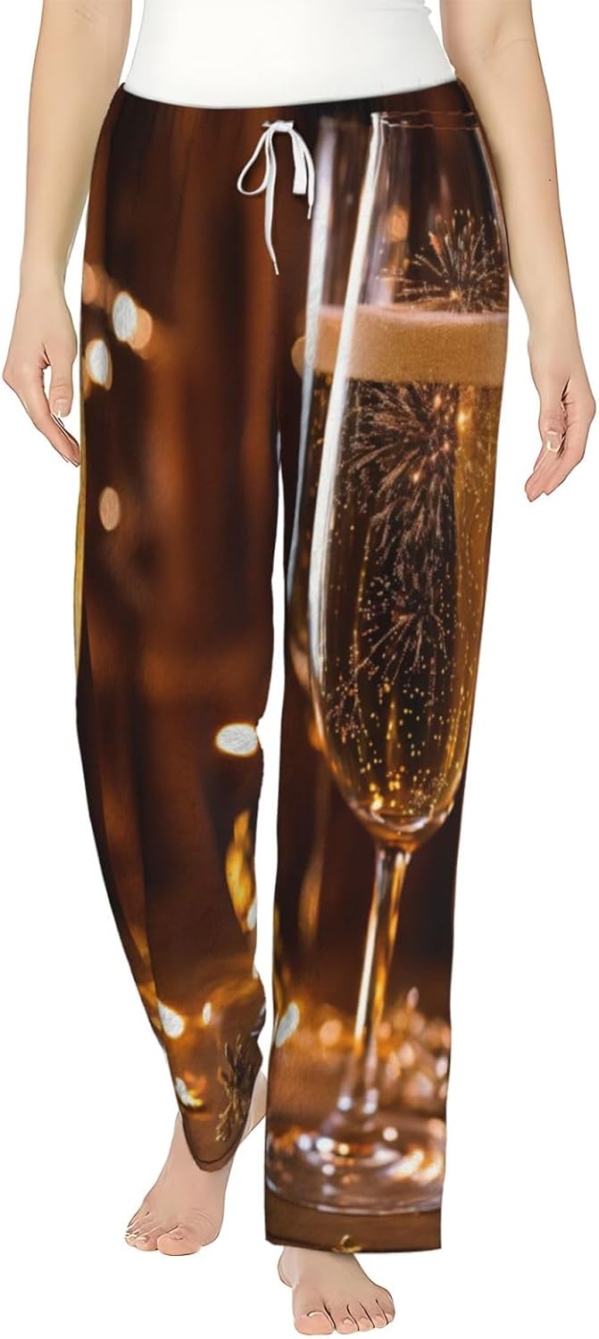 Wine Cup Print Fashion Cozy Womens Flannel Pajama Pants,Perfect For Christmas And Everyday Wear