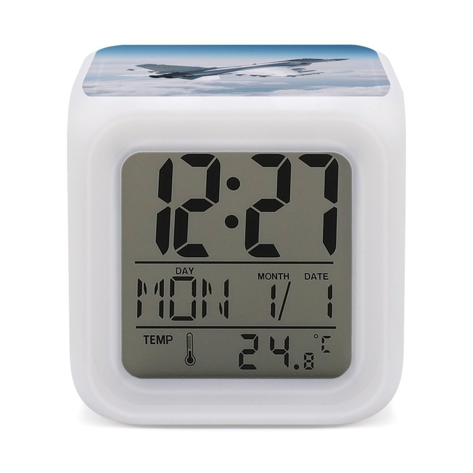 7 Color Ambient Night Light Cube Battery Operated Aircraft Fighter Jets Digital Clock with Snooze Temperature LED Digital Alarm Clocks Dimmable Wake Up Light Portable Mood Lamp for Bedroom Desk Gift