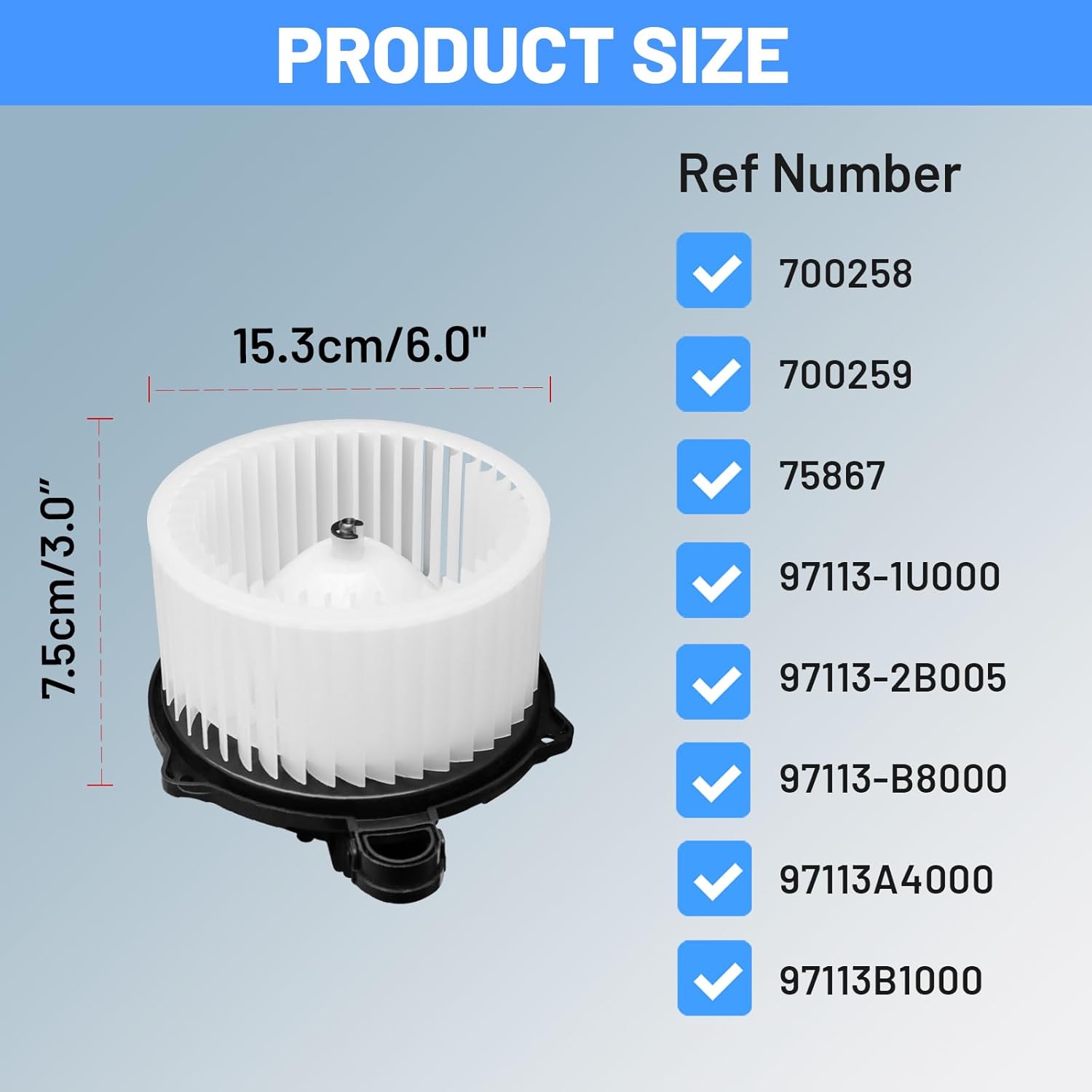 HVAC Heater Blower Motor - Compatible with Kia Forte 2014-2018, Kia Optima 2012-2020, Hyundai Santa Fe 2010-2018, Hyundai Elantra 2011-2020, Replace# 700258, Front Side