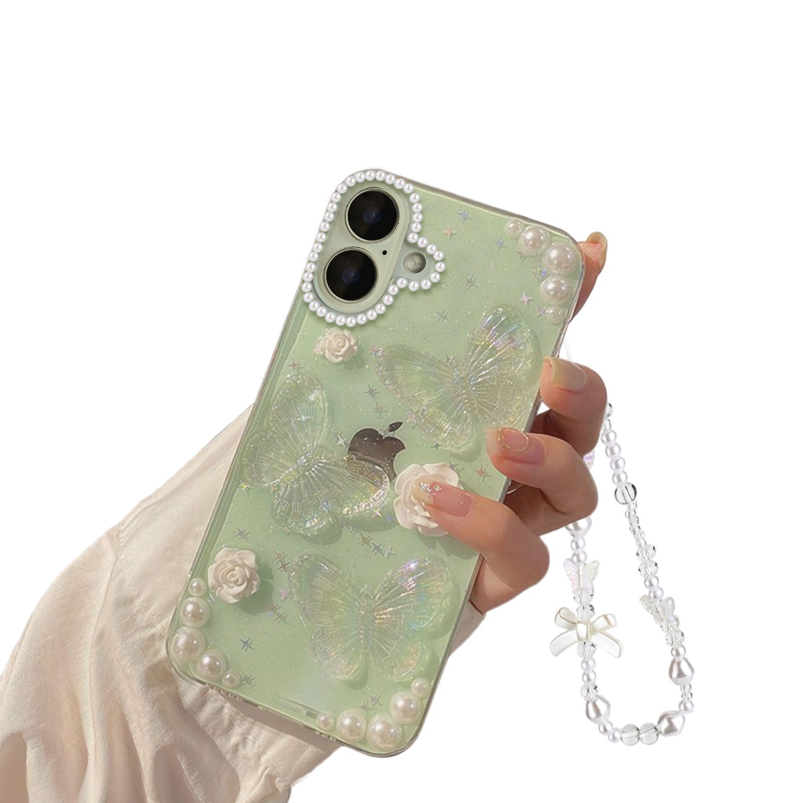 Fycyko Compatible for iPhone 16 Plus Case 3D Butterfly Floral Clear with Aesthetic Design Women Girls Glitter Pretty Crystal Sparkle Sparkly Cute