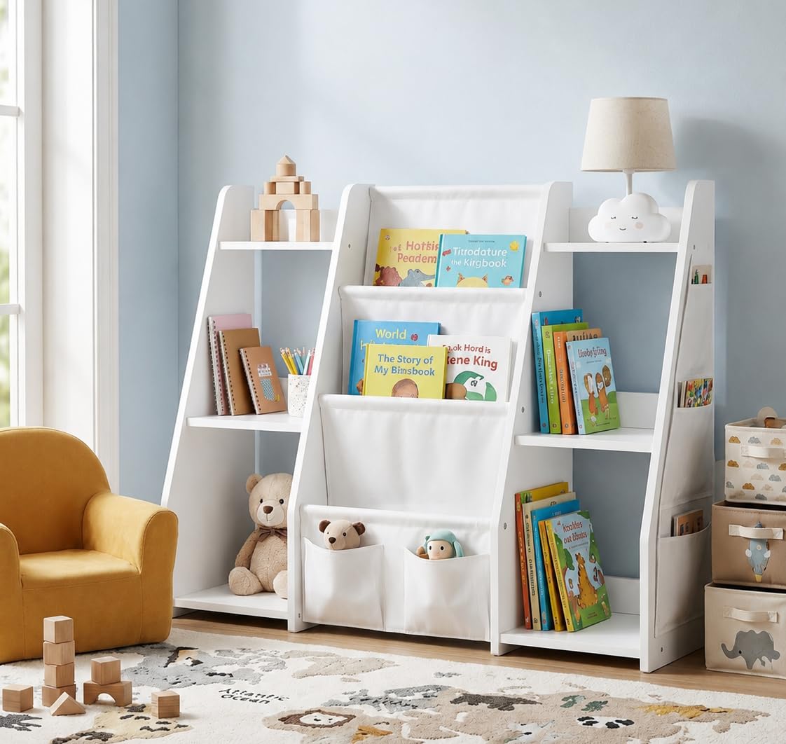 Librería Montessori Infantil Blanca con Bolsillos de Tela, 97 x 30 x 76 cm | Estantería infantil para libros y juguetes con compartimentos abiertos y kit antivuelco, ideal como mueble organizador.