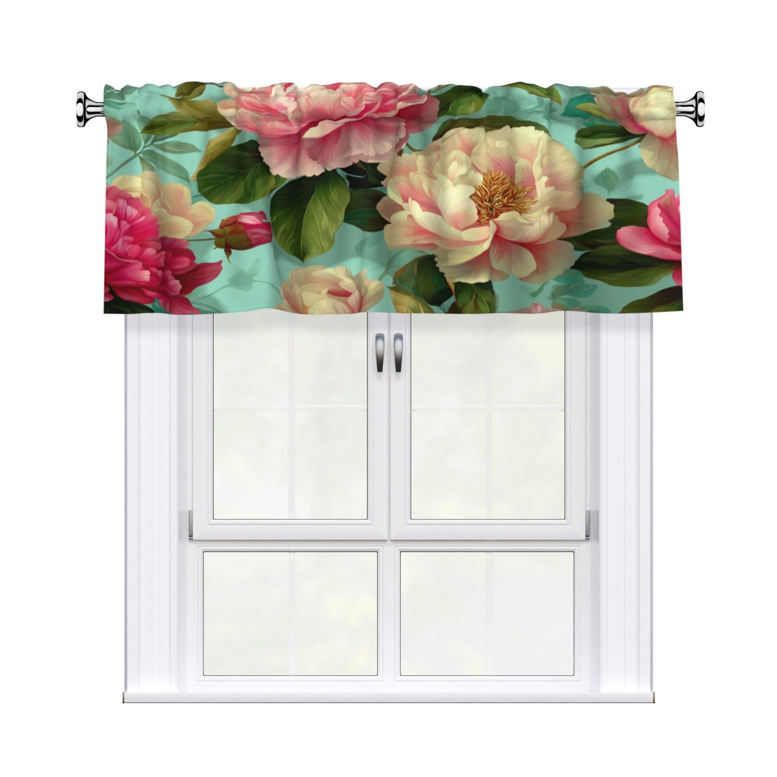 Woshuwo Pink Peony Floral Pattern On Turquoise Valances For Windows Rod Pocket Window Treatment Short Curtains For Kitchen Living Room Bedroom Decor 54x18in