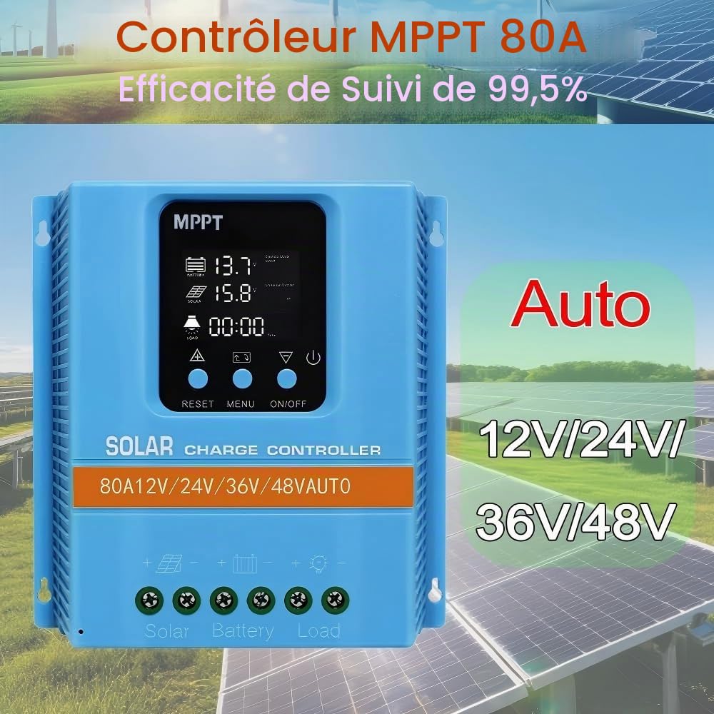 Régulateur Solaire 80A 12V 24V 36V 48V Auto, Entrée PV Max 100V, Écran LCD, Double USB