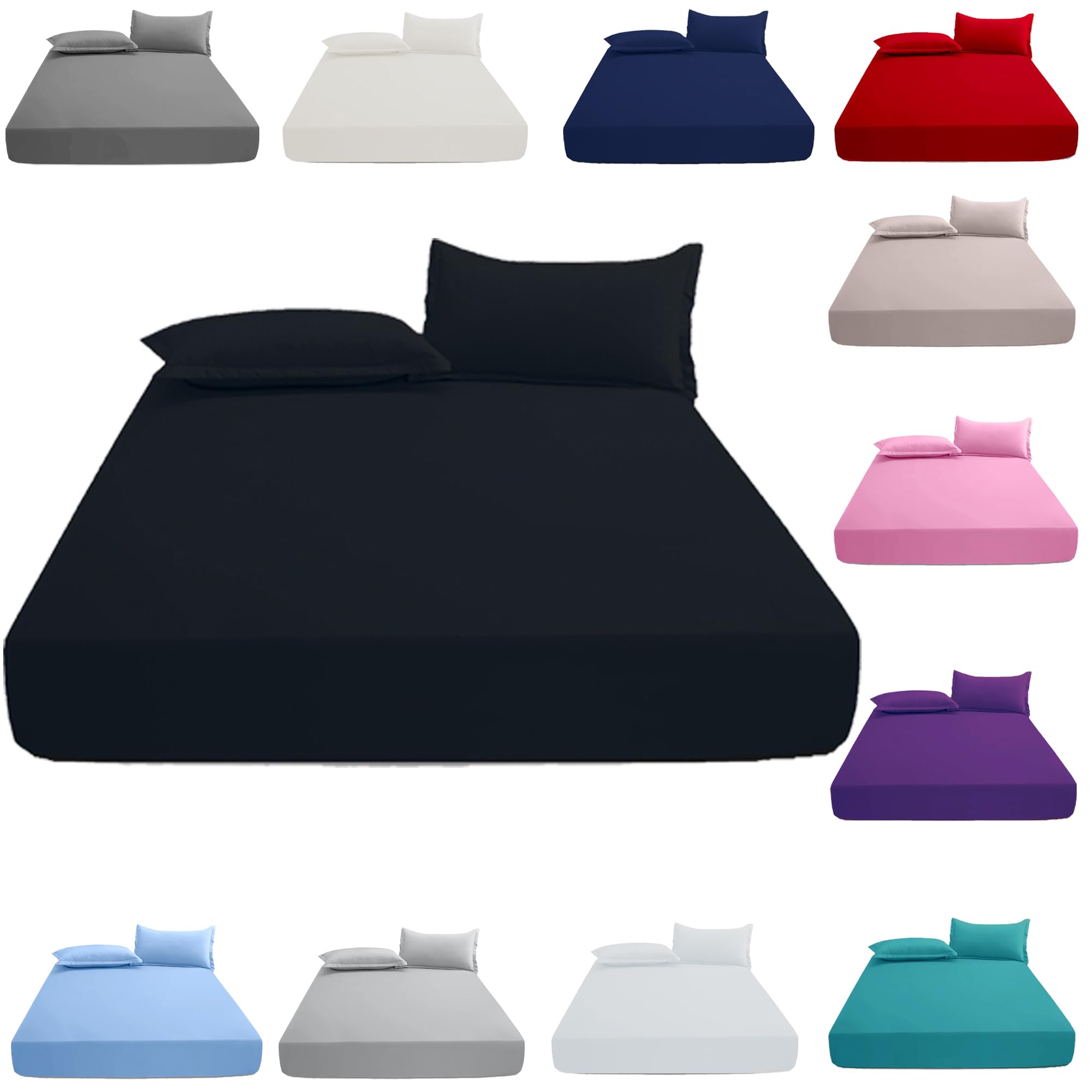 KHIM 100% Cotton 40CM/16inch Extra Deep Fitted Sheet Single, Double, King & Super King Bed Sheets (Black - Double)