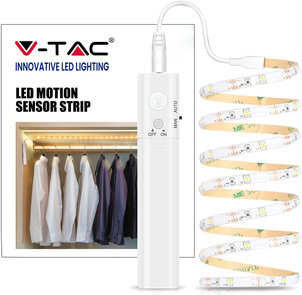 V-TAC VT-8082 Ww LED Strip Light Kit with Motion Sensor and Battery Box 6V 1m Warm White