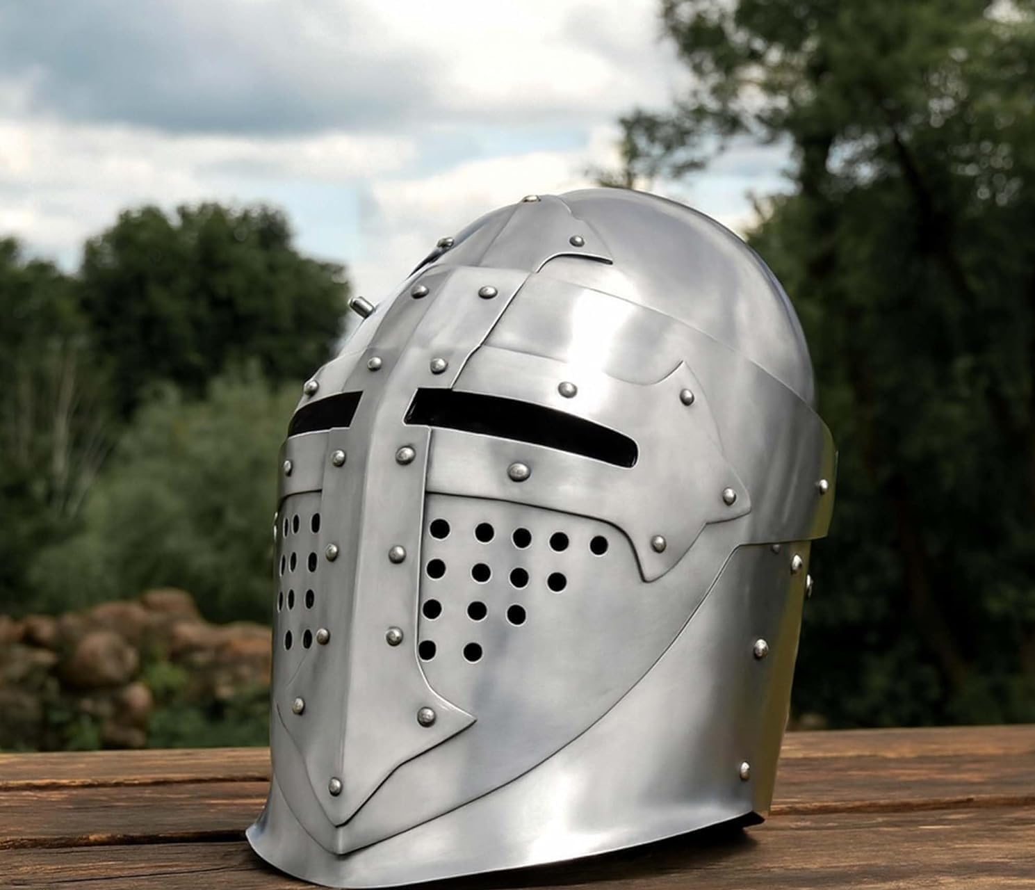 Lord of Battles Medieval Bascinet Helmet, 16 Gauge Steel, Silver, Hinged Visor, LARP Costume, Adult Size
