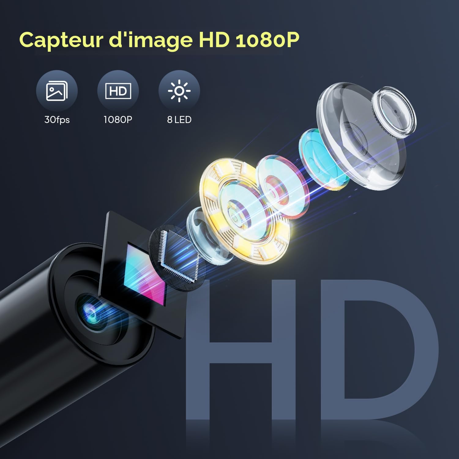 QIMIC Caméra Endoscopique de 5M, 1080P HD Endoscope avec Zoom 2X, IP67 Camera Inspection Canalisation à Étanche IPS de 2,4 Pouces, Câble Semi-Rigide, 8 LED Réglables, Gadgets pour Hommes