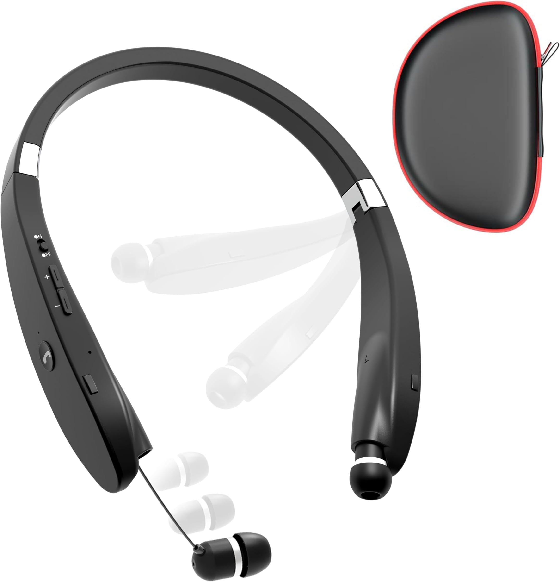 Bluetooth Neckband Headphones, Foldable Wireless Lightweight Neck Headset with Retractable Earbuds, Noise Cancelling Sweatproof Stereo Earphones with Mic & Carrying Case (Black)