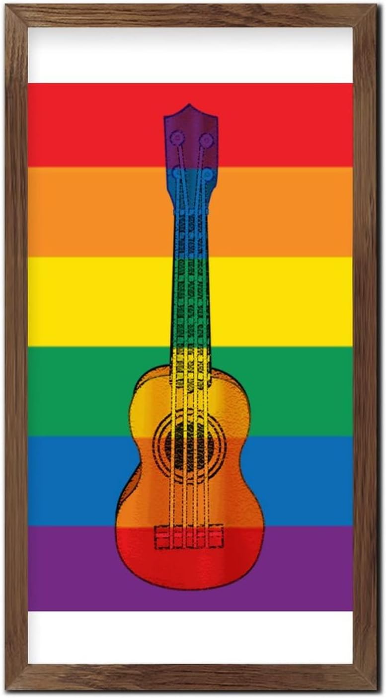 LGBT Pride Framed Wooden Signs Rainbow Guitar Wall Sign Vintage Pride and Proud Wall Decor Farmhouse Rustic Wooden for LGBTQ Gay Lesbian Pride 22x12 in