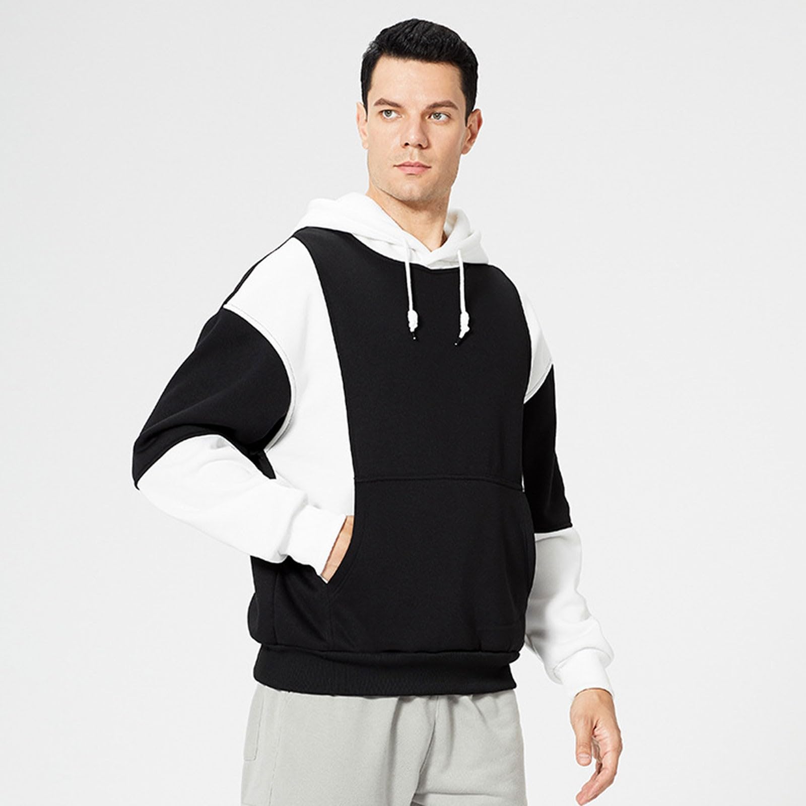 Moda męska bluza z kapturem sweter polarowy dla bezpieczeństwa na co dzień blok kolorów bluza z kapturem z długim rękawem topy z kapturem, Biały+czarny, L