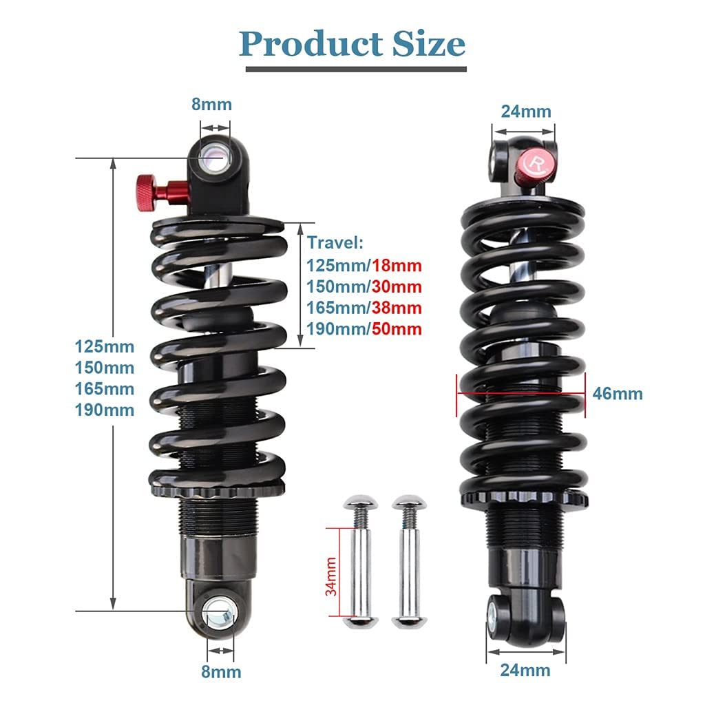 Amortiguadores Traseros de Bicicleta 165 mm 190 mm Amortiguadores Ajustables Bicicleta de montaña Resorte de Descenso 125 mm 150 mm para Bicicleta eléctrica MTB XC