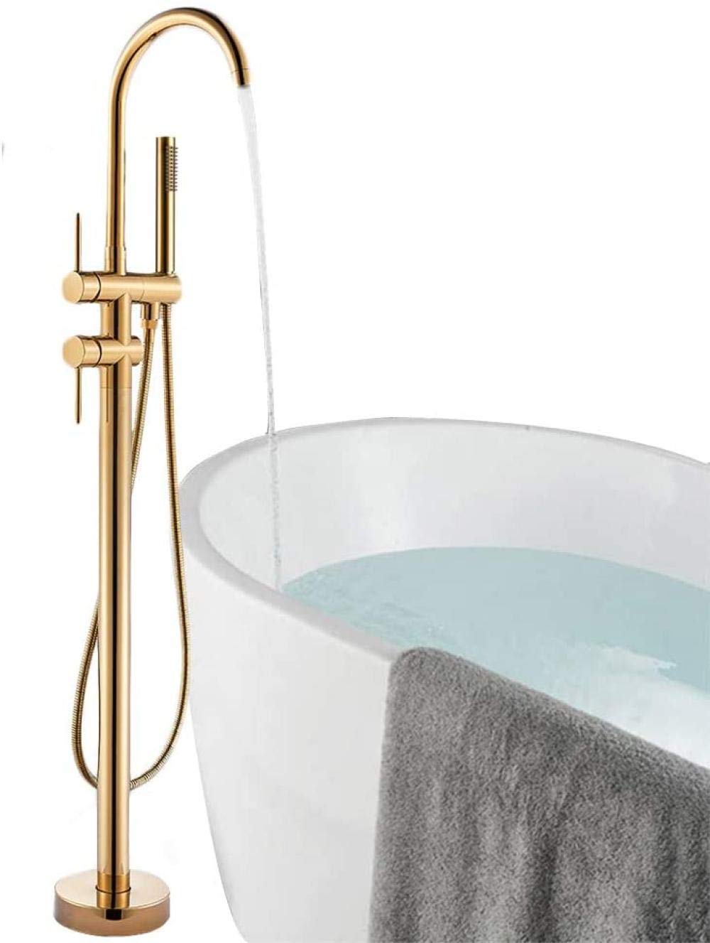 ASerZenith Floor Mounted Bathtub Bathroom Freestanding Tub Tap Mixer ABS Handheld Shower Mixer Tap 360 ° Filler Spout with Bath Cold and Hot Mixer Shower taps-Gold