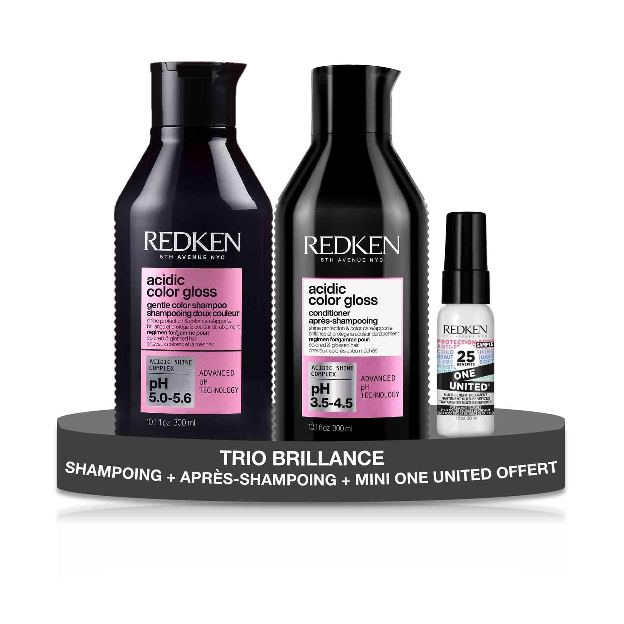 REDKEN - Shampoing Acidic Color Gloss 300 ml, Après-Shampoing Acidic Color Gloss 300 ml, Spray Miracle 25-en-1 Sans Rinçage One United Mini 30 ml - Soin Réparateur Pour Protéger les Cheveux Colorés