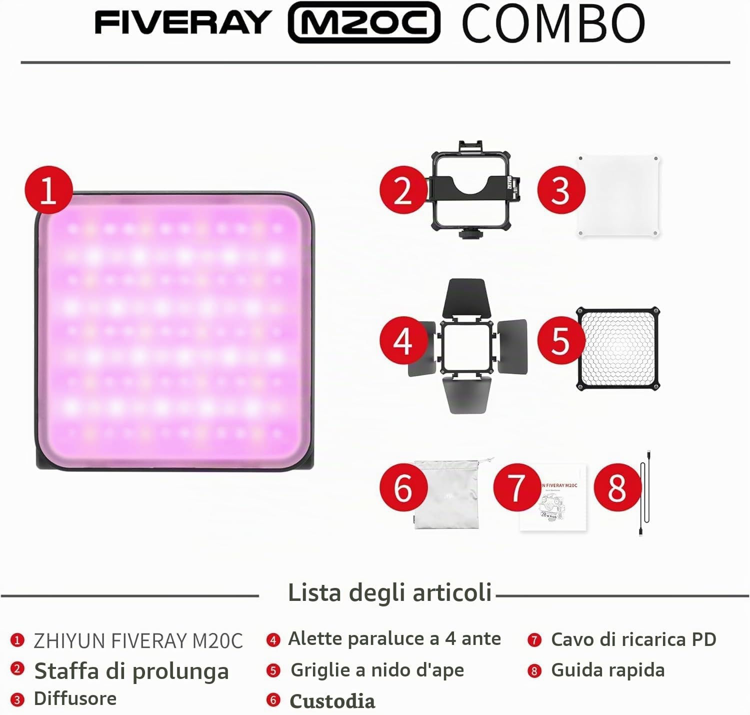 ZHIYUN FIVERAY M20C [Ufficiale] RGB Luce Video 20W Tascabile LED Video Light, Luce della Fotocamera Dimmerabile 2500-10000K, TLCI 96+, 1950Lux, Illuminazione DSLR Ricaricabile (Combo)