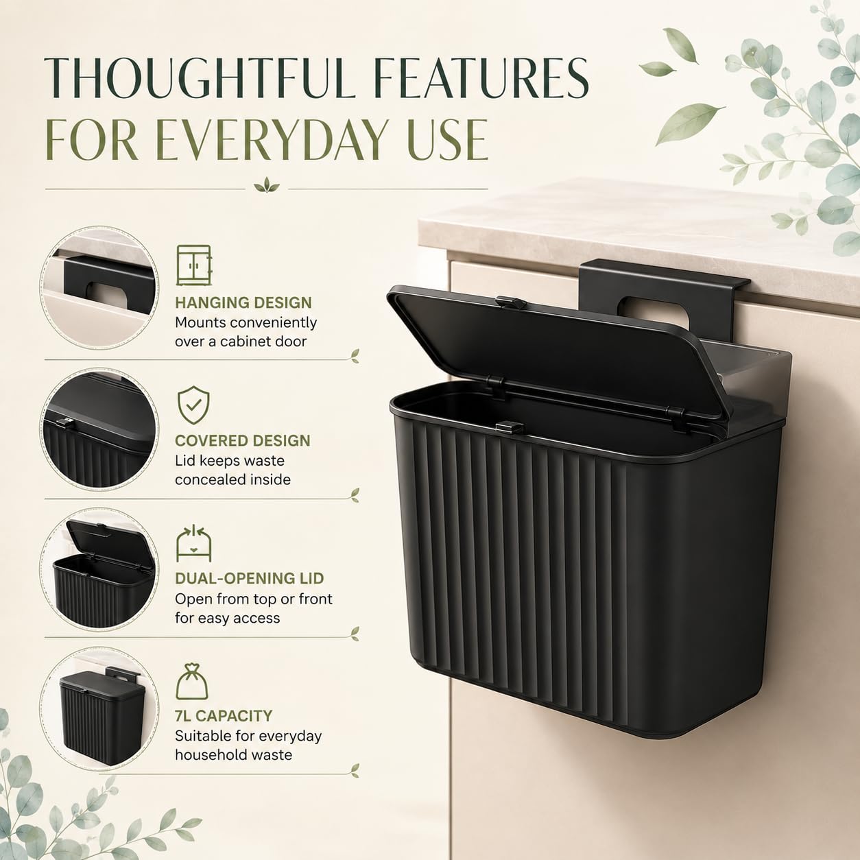 7L Hanging Kitchen Trash Can - Black -3 7L Hanging Kitchen Trash Can - Black -3