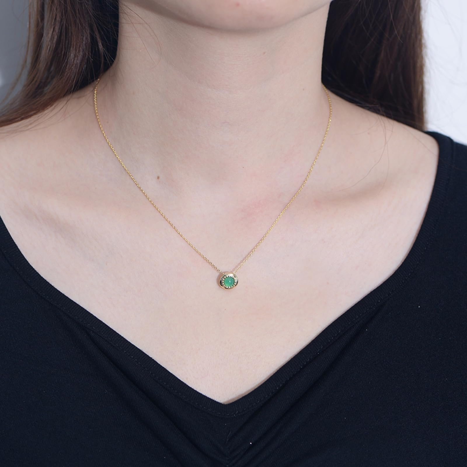 Gold Halskette Damen 750/585/375, Halskette Anhänger Rund mit Achat, Echtschmuck Kette Verstellbar 40+5 cm