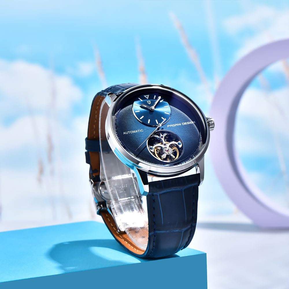 Pagani Design PD1796 Orologio automatico da uomo, cinturino in pelle, impermeabile, con cristallo zaffiro, alla moda, con tourbillon, orologio meccanico