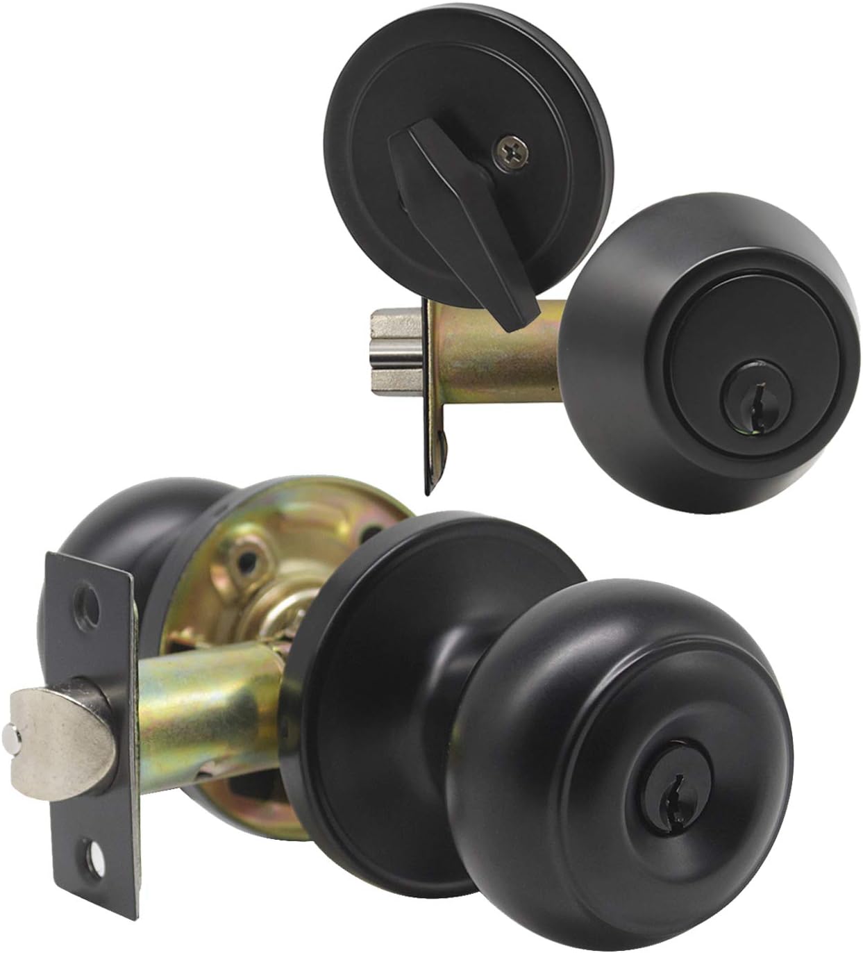 GOBEKOR Hardware Keyed Alike Entry Door Knob and Single Cylinder Deadbolt Lockset Combination in Matte Black,Exterior Keyed Front Door Handle with Lock and Deadbolt,(Ball Shape),1Pack
