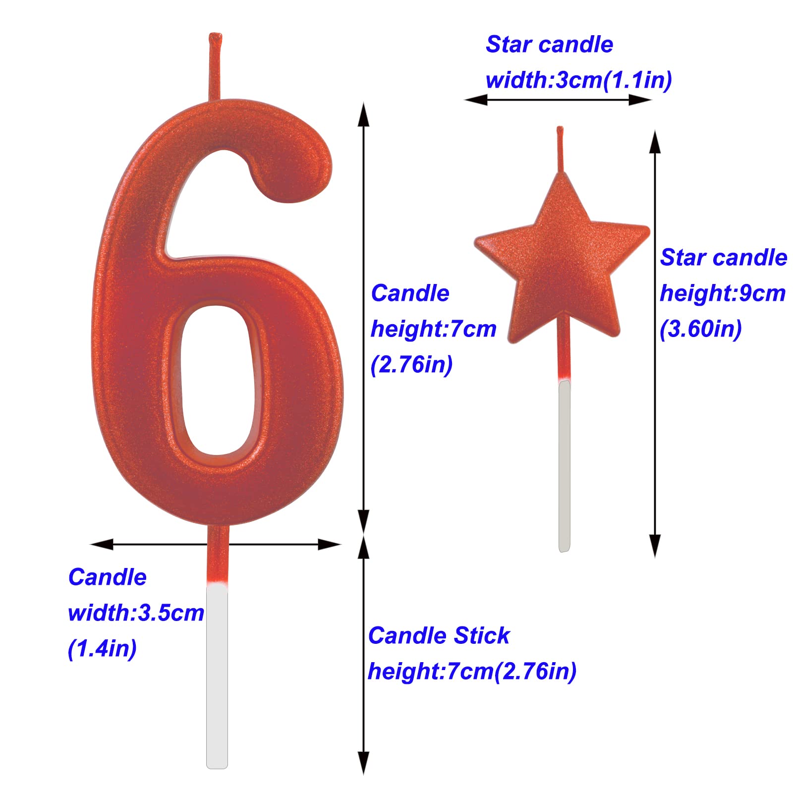 Velas de cumpleaños de 2.75 pulgadas, color rojo con purpurina, decoración y celebración para fiestas de adultos/niños (2.75 pulgadas, rojo número 6)