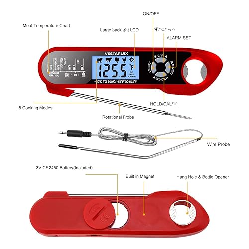 Miniatura 3 de Termómetro digital para carne, termómetro impermeable de lectura instantánea para cocinar con sondas duales, luz de fondo, alarma, FC para carne,