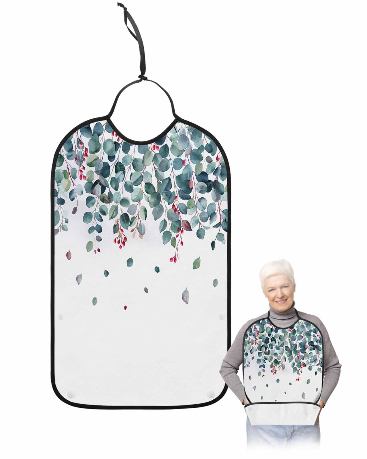 LEOKOTI Teal Botanical Adult Bibs for Eating, Waterproof Bibs with Food Catcher & Adjustable Snap Closure, Watercolor Spring Eucalyptus Leaves Red Washable Clothing Protectors Adult Bibs for Elderly
