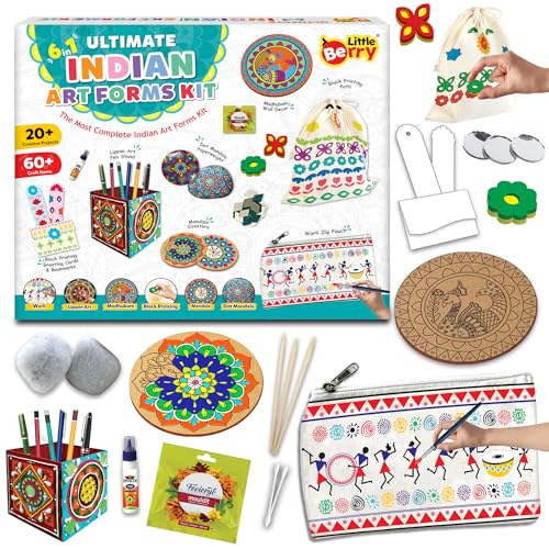 Image of Little Berry Indian Art Forms Kits | Paper, Wood Ultimate 6 in 1 DIY Art & Craft Kit for Kids | Create 20+ Projects | Learn Lippan, Warli, Block Printing, Mandala & Madhubani Painting Kit | DIY Toys