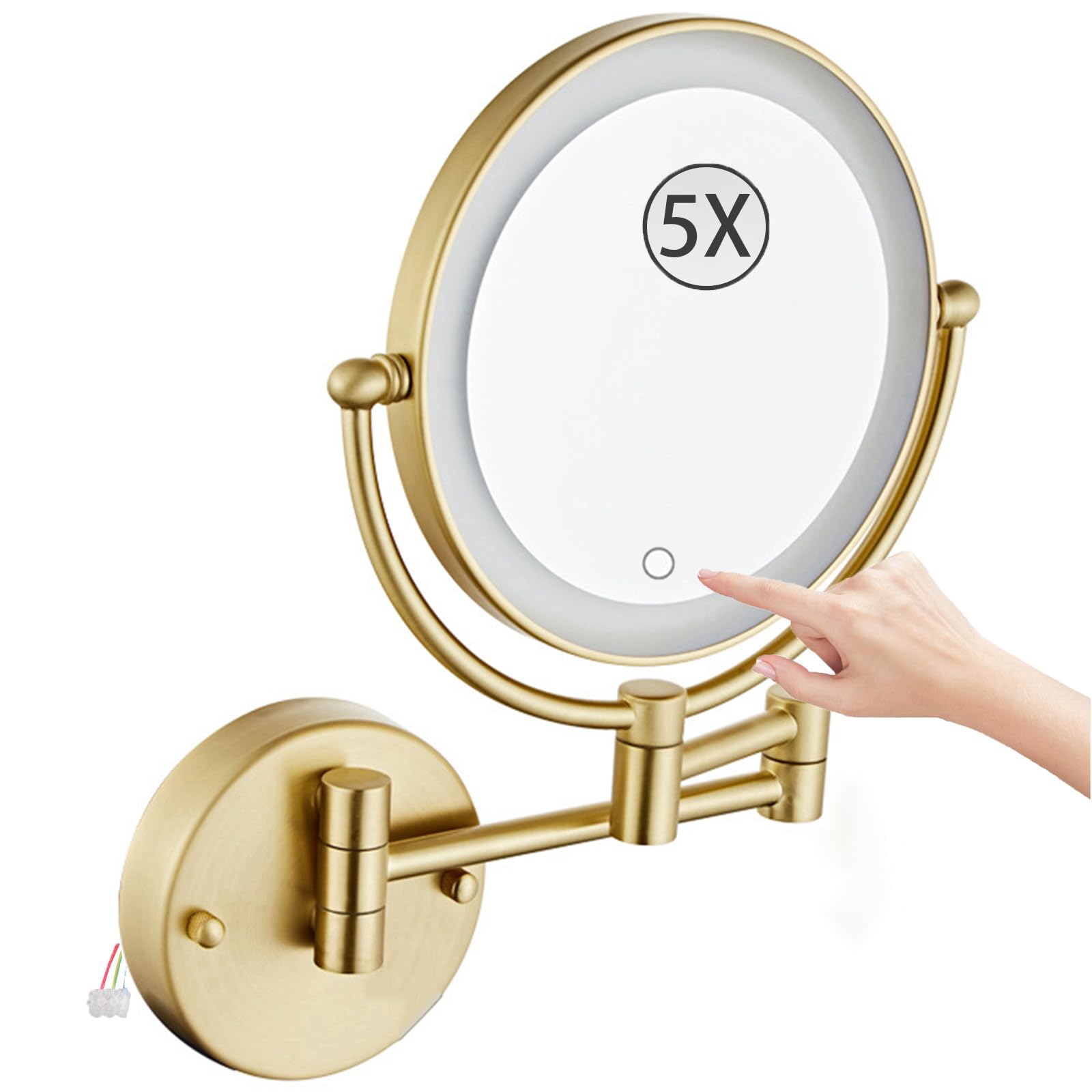 SXFSDOU Wall Mounted Magnifying Makeup Mirror, Hardwired Double Sided LED Lighted Vanity Extendable 360 Swivel Bathroom Mirror,Brushed gold,5X