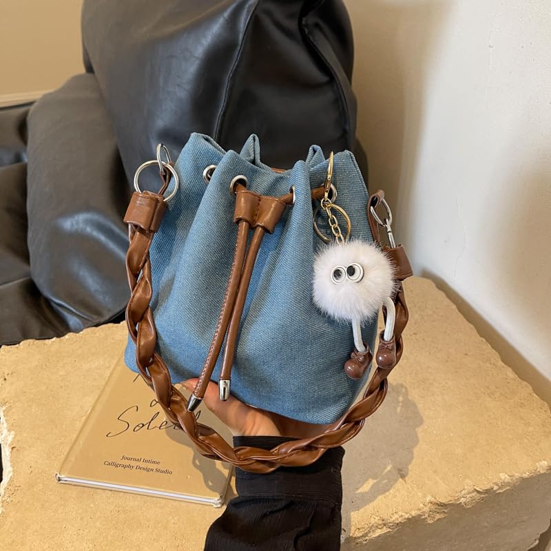 FUNSEED Crossbody Bag for Women, Casual Denim Drawstring Tote Shoulder Bucket Bag with Charms3