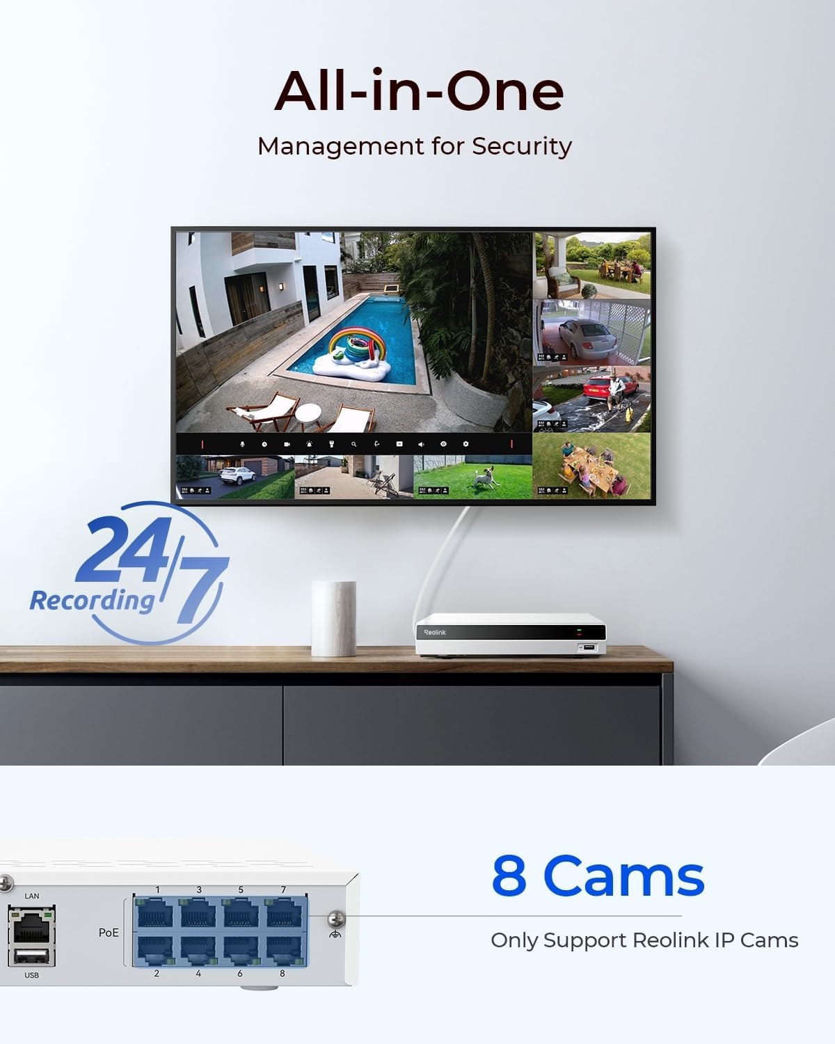 REOLINK NVR RLN8-410-White, 8 Channel, Network Video Recorder for Home PoE Security Camera System, Only Work with 16MP/12MP/4K/8MP/5MP/4MP Reolink Camera, 24/7 Recording to Pre-Installed 2TB HDD