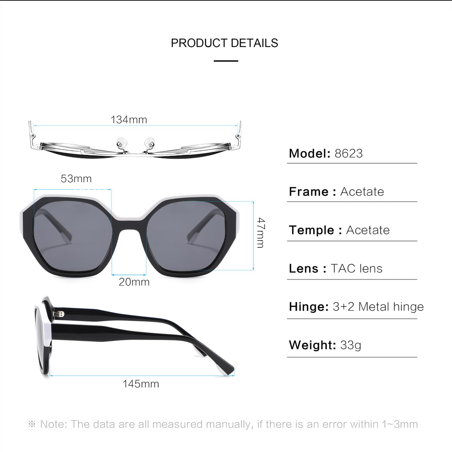 Modische polarisierte Acetat-Sonnenbrille für Damen mit polygonalen übergroßen Rahmen und UV-Schutz