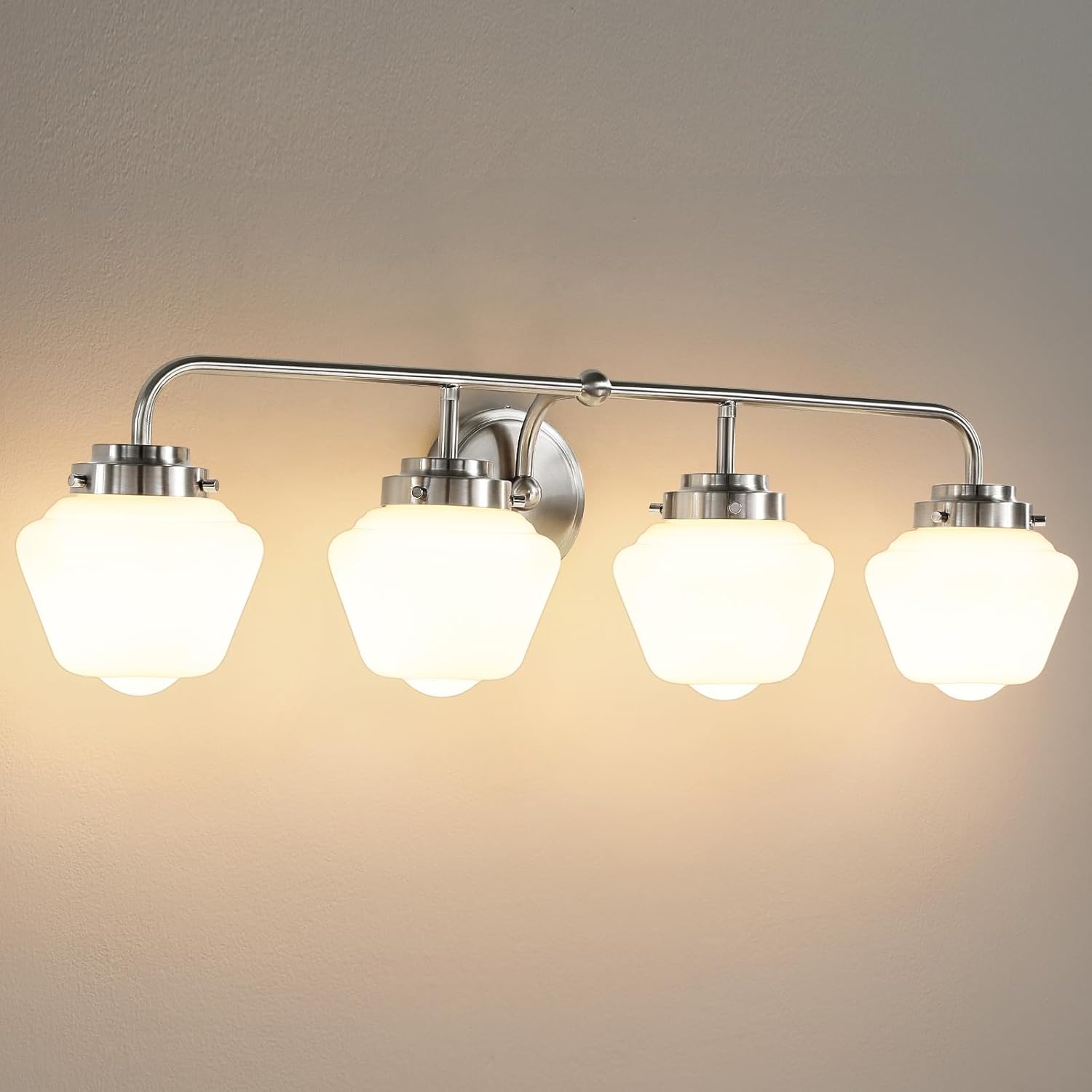 Bathroom Vanity Light Fixtures: 4-Lights Brushed Nickel Vintage Light Fixtures for Bathroom Above Mirror, Wall Lights Indoor with Frosted Milky Glass for Bath Bedroom Nickel 4 Light