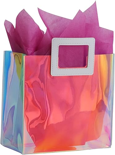VUOJUR Bolsa de regalo pequeña holográfica de 8.3 pulgadas con papel de seda, reutilizable, bolsa de regalo de cumpleaños para mujeres y niñas,