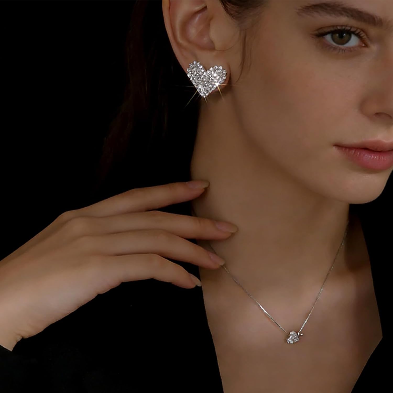 WCRAZYE Crystal Heart Bridal Wedding Jewelry Set for Women Silver Love Heart Rhinestone Necklace Earrings Bracelet Sets - Image 5