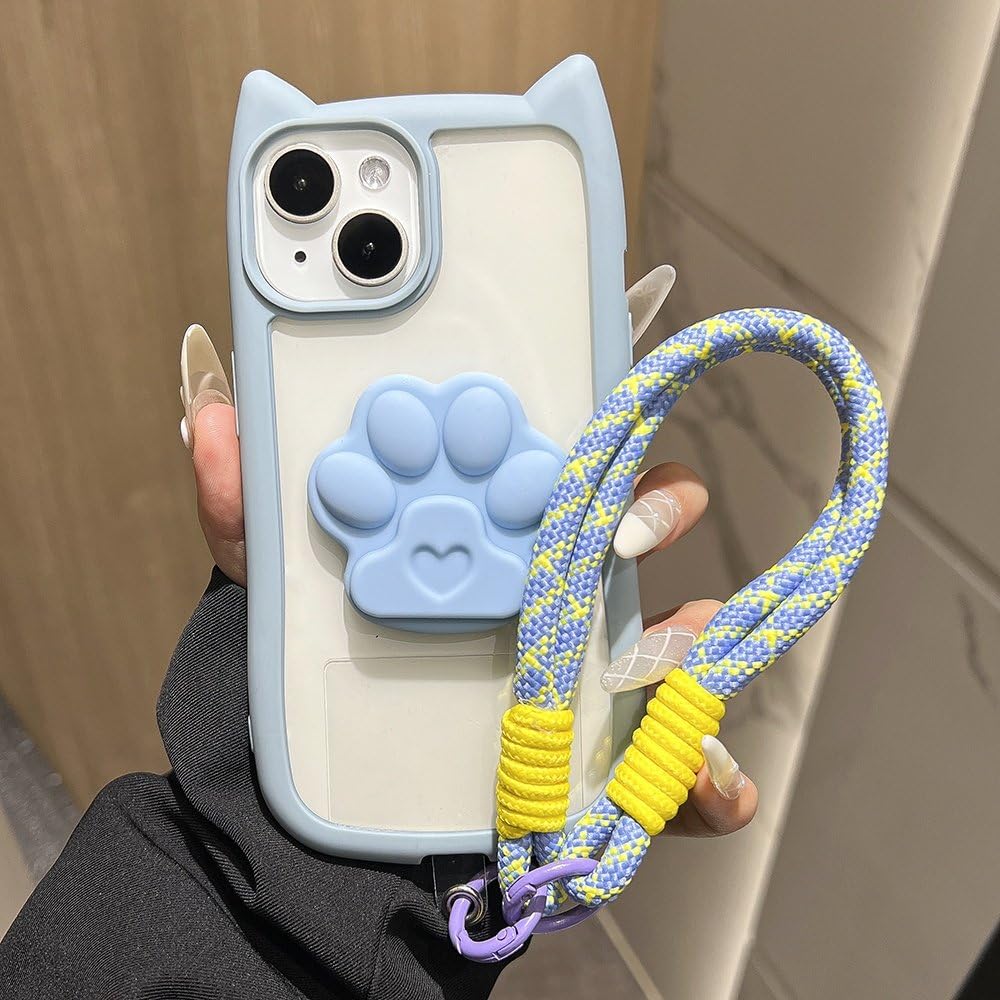 Coque antichoc chat iPhone 13 et 15 avec poignée arrière bleue - 4