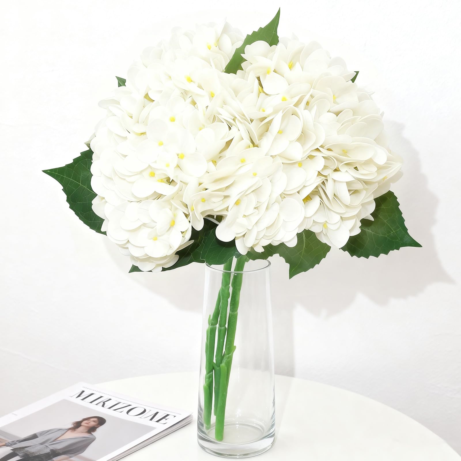 BOVUN 3PCS Artificial Silk Hydrangeas, Realistic Faux Hydrangea Bouquet for Home, Office, Wedding or Party Decoration(WHITE)