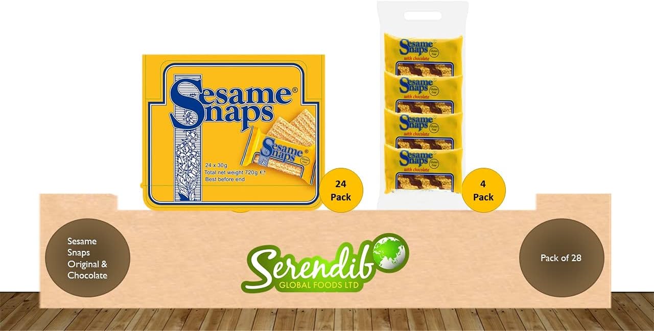 Sesame Snaps Original Flavour 24 Pack & Chocolate Flavour 4 Pack (30g Each) | Gluten-Free | Suitable for Vegetarians
