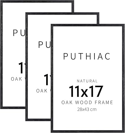 puthiac 11x17 Black Oak Wood Picture Frame - Minimalist 11x17 Poster Frame, 11"x17" Frame Wood, Natural Solid Wooden Picture Frames for Wall Art Photo and Prints (3 Pack, Black)