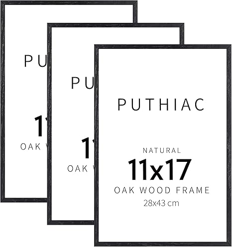 puthiac 11x17 Black Oak Wood Picture Frame - Minimalist 11x17 Poster Frame, 11"x17" Frame Wood, Natural Solid Wooden Picture Frames for Wall Art Photo and Prints (3 Pack, Black)
