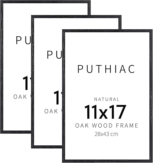 puthiac 11x17 Black Oak Wood Picture Frame - Minimalist 11x17 Poster Frame, 11"x17" Frame Wood, Natural Solid Wooden Picture Frames for Wall Art Photo and Prints (3 Pack, Black)