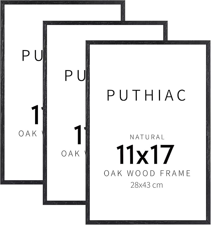 puthiac 11x17 Black Oak Wood Picture Frame - Minimalist 11x17 Poster Frame, 11"x17" Frame Wood, Natural Solid Wooden Picture Frames for Wall Art Photo and Prints (3 Pack, Black)