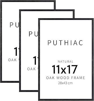 puthiac 11x17 Black Oak Wood Picture Frame - Minimalist 11x17 Poster Frame, 11"x17" Frame Wood, Natural Solid Wooden Picture Frames for Wall Art Photo and Prints (3 Pack, Black)