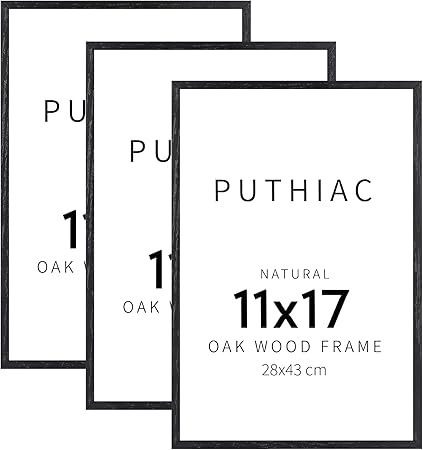puthiac 11x17 Black Oak Wood Picture Frame - Minimalist 11x17 Poster Frame, 11"x17" Frame Wood, Natural Solid Wooden Picture Frames for Wall Art Photo and Prints (3 Pack, Black)