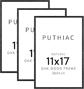 puthiac 11x17 Black Oak Wood Picture Frame - Minimalist 11x17 Poster Frame, 11"x17" Frame Wood, Natural Solid Wooden Picture Frames for Wall Art Photo and Prints (3 Pack, Black)