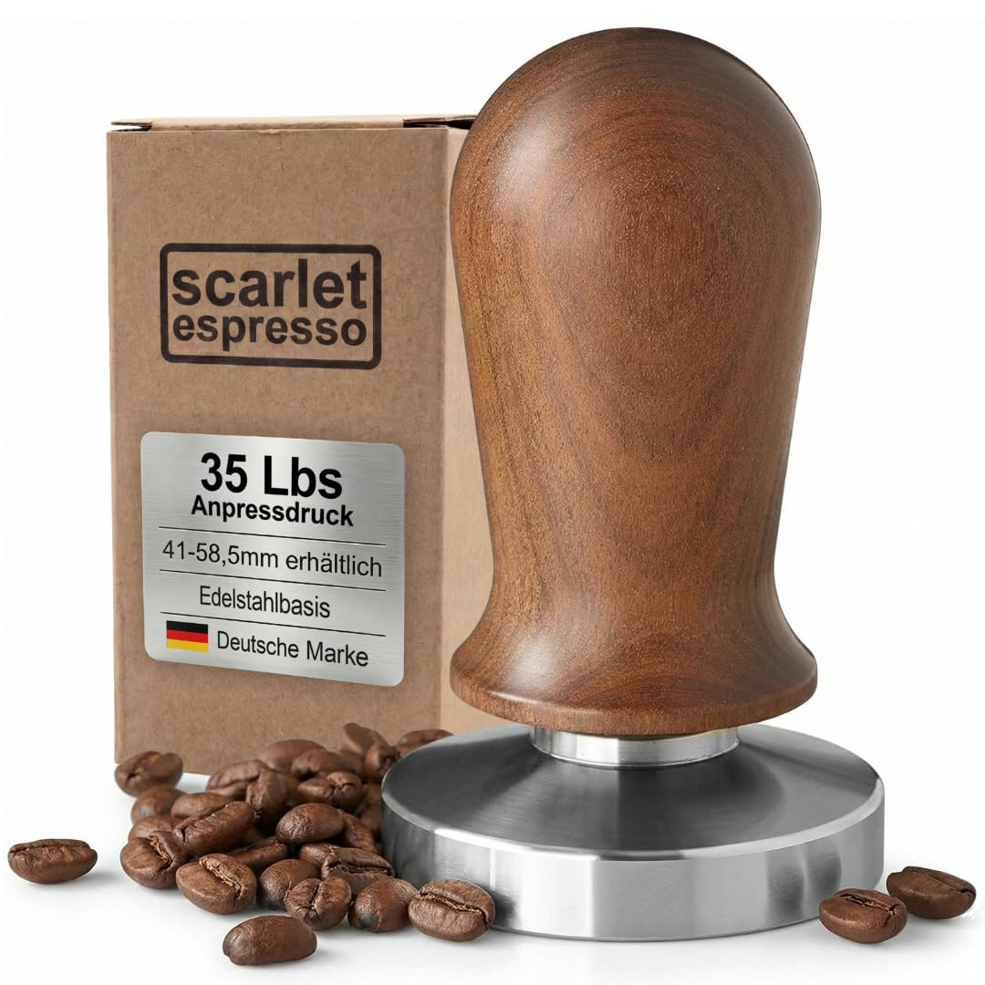 Scarlet espresso | Tamper "Perfetto" per barista; calibrato a pressione di contatto 35 lbs; con manico in alluminio o legno pregiato e base in acciaio inox di precisione (sandalo – marrone, 41 mm)