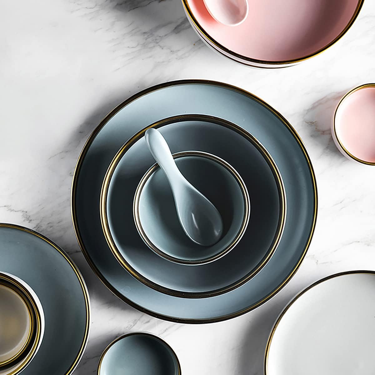 Premium Modern Gold Rim Ceramic Plate Porcelain Dish Elegant Restaurant Dinnerware Ceramic Plates Set Dishwasher Safe,Green,8 Inch