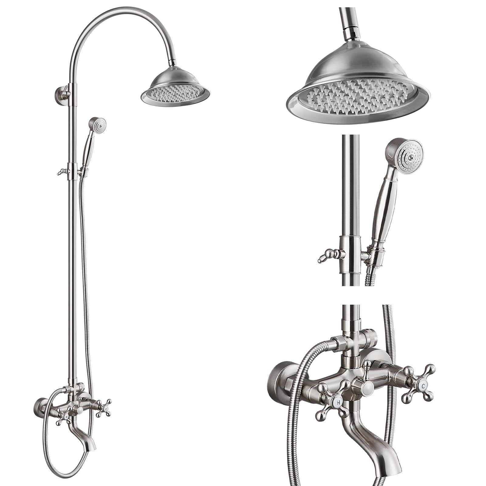 gotonovo Bathroom Classic Exposed Shower Faucet Wall Mount Shower System 8 Inch Luxurious Rainfall Shower Head Set with Tub Spout and Handheld Spray Double Cross Handles Brushed Nickel