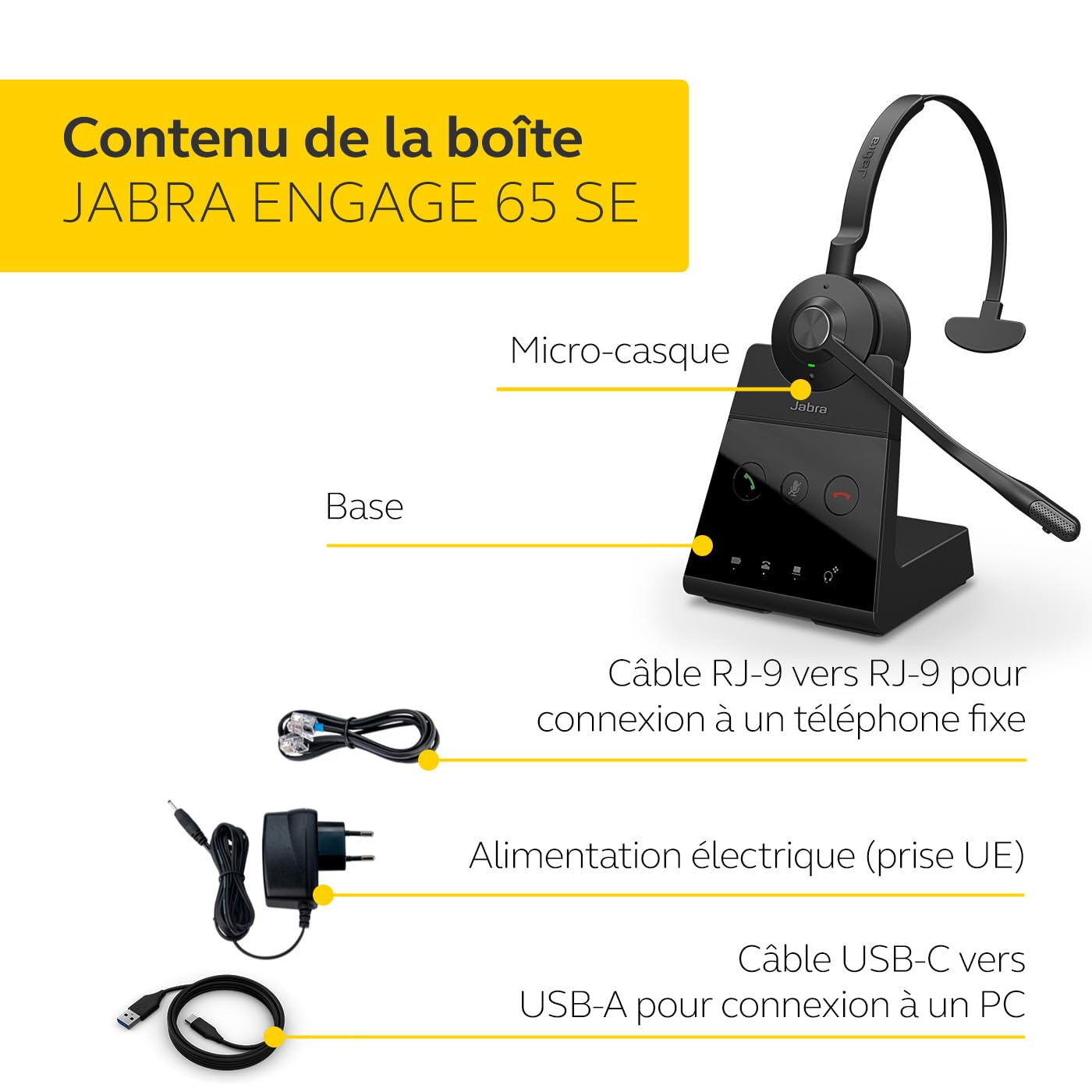 Engage 65 SE Casque Mono, Base, Alimentation électrique, câble USB-C vers USB-A de 1,5 m, câble de téléphone de Bureau, Guide de démarrage Rapide, Garantie et Avertissement (câbles de sécurité)