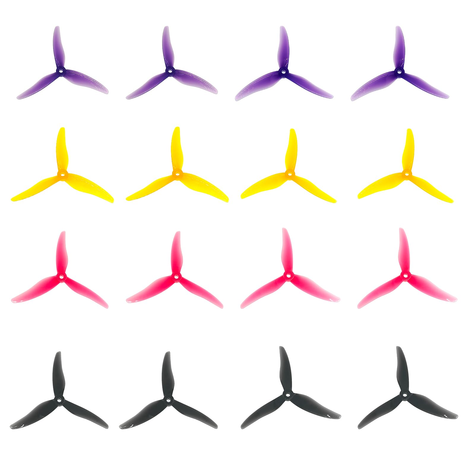 Hurricane 51477 Lot de 4 hélices à 3 palettes de 13 cm avec trou de montage de 5 mm pour moteur 2206-2407 pour drone de course FPV (2 paires de violet, jaune, rose et noir)